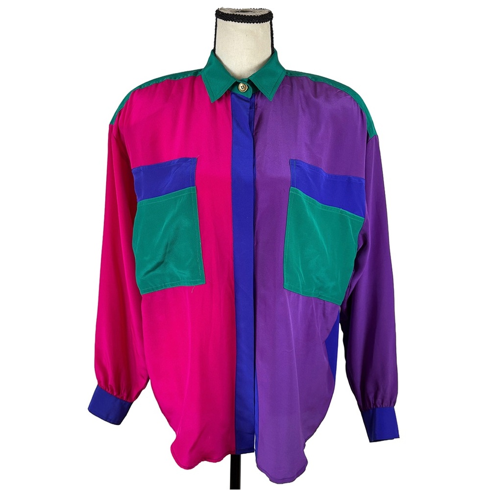 Vintage 90s Colorblock Silk Button Up Shirt | Oversized Retro Menswear